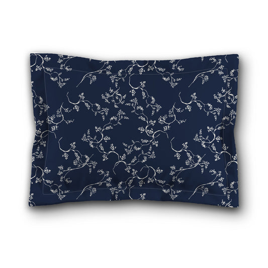 Navy Blue Microfiber Pillow Sham with Flange, Pale Cream Hand-painted Vine Print, White Reverse Side, King (width x length) 22 x 38 inches / 56 x 97 cm
