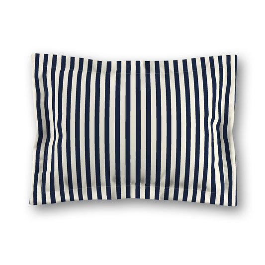 Pale Cream Microfibre Sham with Flange, Thin Navy Blue Bars on Front, White Reverse Side, King (width x length) 22 x 38 inches / 56 x 97 cm