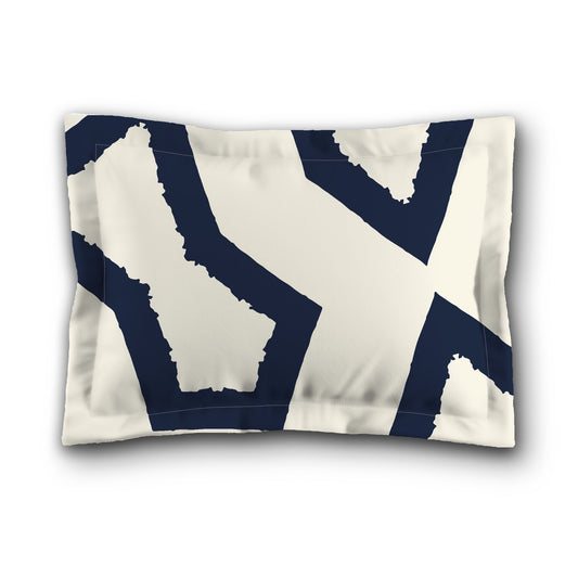 Pale Cream Microfibre Sham with Flange, Bold Navy Blue Graphic on Front, White Reverse Side, King (width x length) 22 x 38 inches / 56 x 97 cm