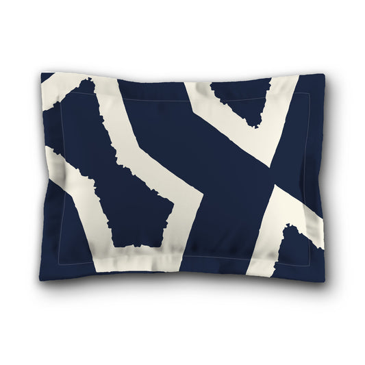 Navy Blue Microfiber Pillow Sham with Flange, Bold Pale Cream Graphic on Front, White Reverse Side, King (width x length) 22 x 38 inches / 56 x 97 cm