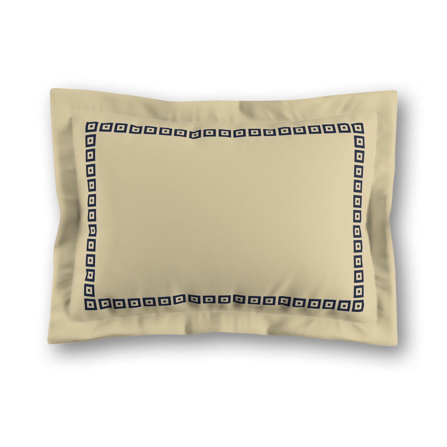 Desert Sand Microfibre Pillow Sham with Flange, Navy Blue Repeating Square Motif Print, Classic Border, Tan Reverse Side, King (width x length) 22 x 38 inches / 56 x 97 cm