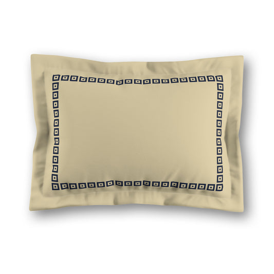 Desert Sand Microfibre Pillow Sham with Flange, Navy Blue Repeating Square Motif Print, Classic Border, Tan Reverse Side, King (width x length) 22 x 38 inches / 56 x 97 cm