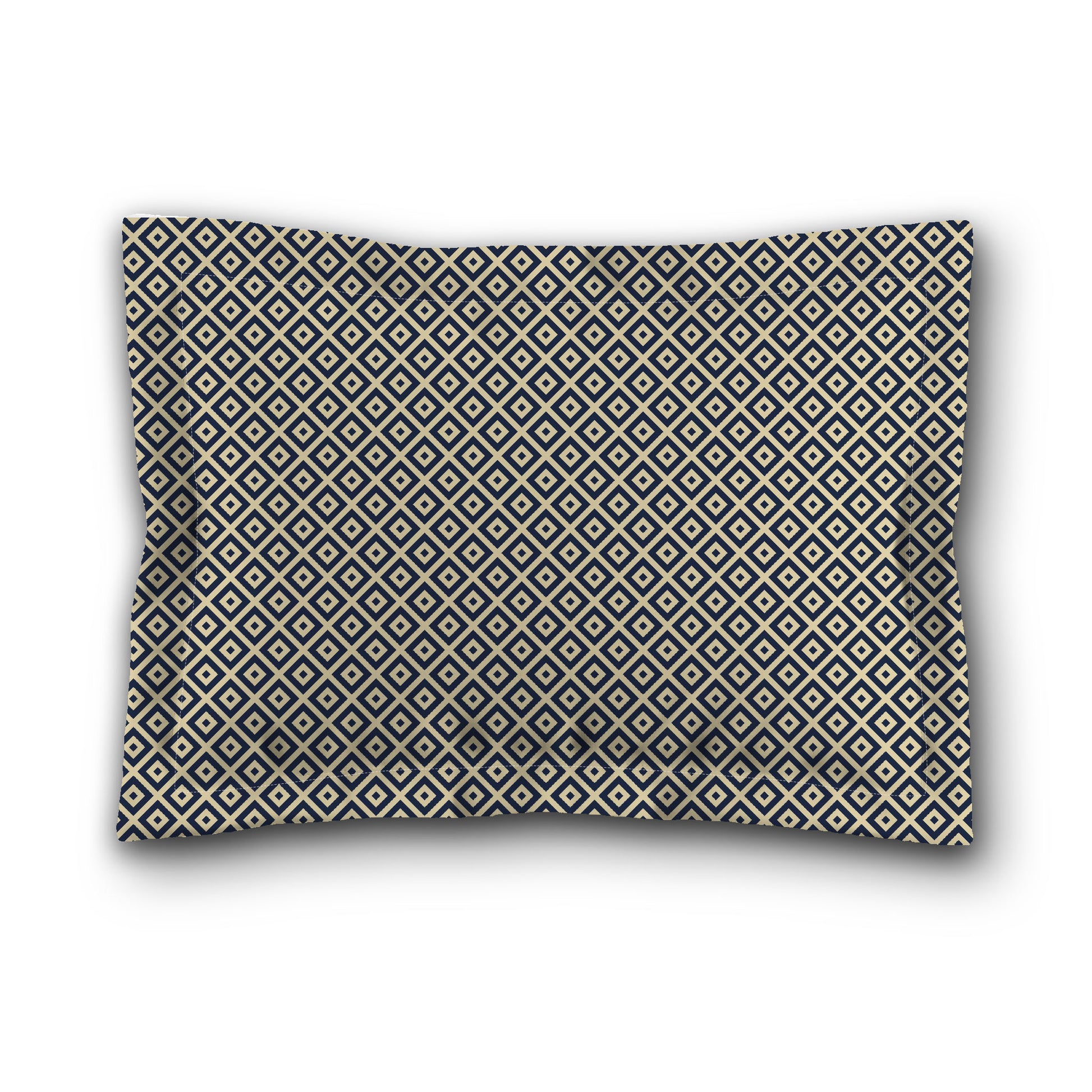 Desert Sand Microfibre Pillow Sham with Flange, Navy Blue Repeating Square Motif Print, Tan Reverse Side, King (width x length) 22 x 38 inches / 56 x 97 cm