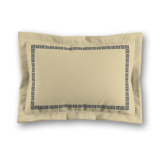 Desert Sand Microfibre Pillow Sham with Flange, Navy Blue Single Weave Motif Print, Classic Border, Tan Reverse Side, King (width x length) 22 x 38 inches / 56 x 97 cm