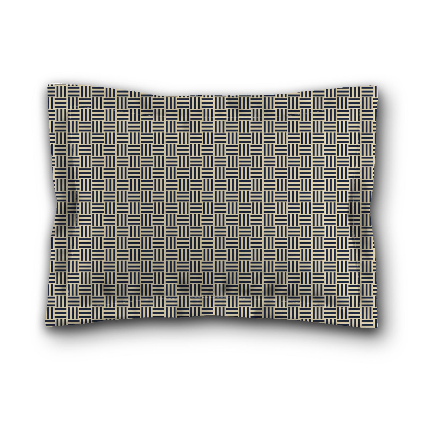 Desert Sand Microfibre Pillow Sham with Flange, Navy Blue Single Weave Motif Print, Tan Reverse Side, King (width x length) 22 x 38 inches / 56 x 97 cm