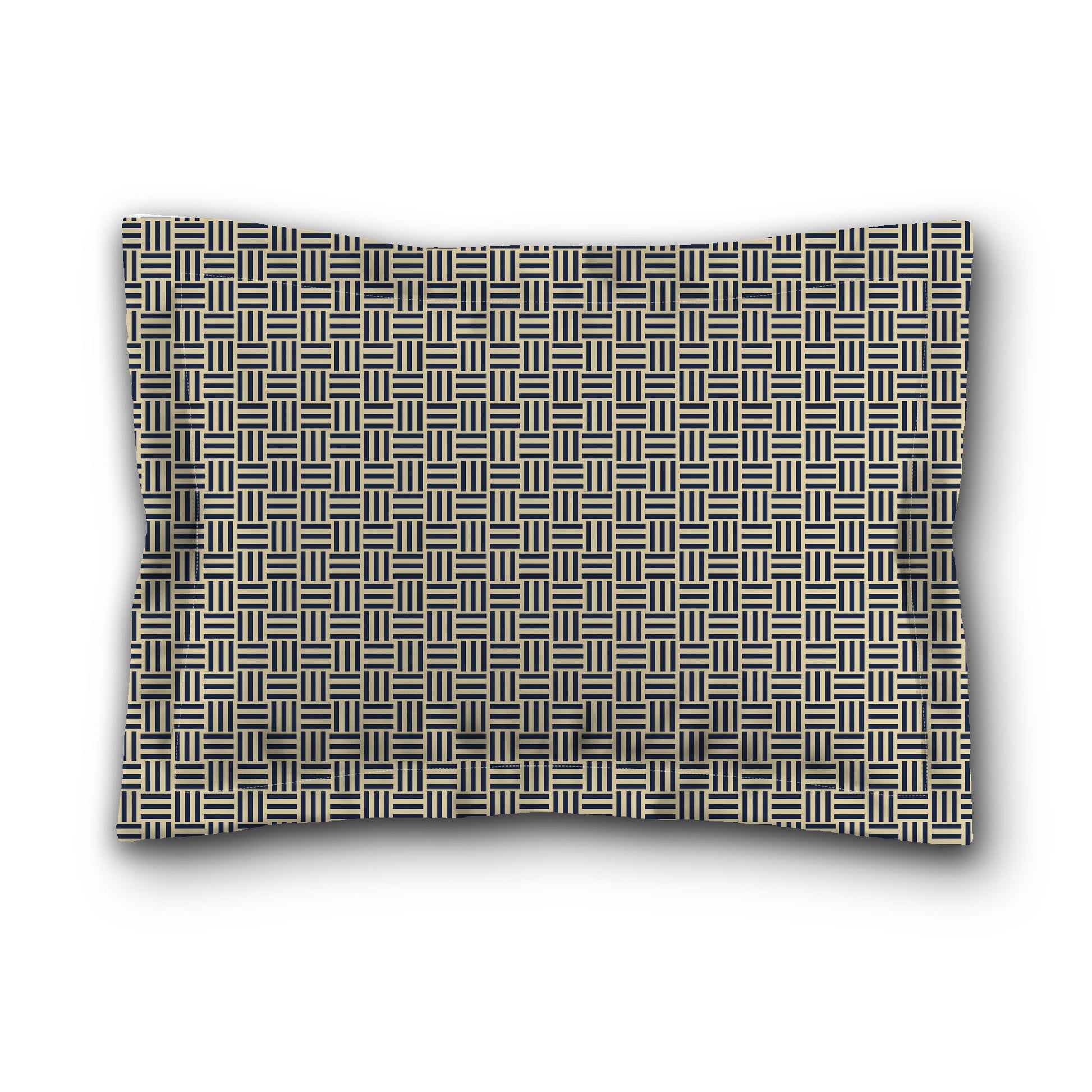 Desert Sand Microfibre Pillow Sham with Flange, Navy Blue Single Weave Motif Print, Tan Reverse Side, King (width x length) 22 x 38 inches / 56 x 97 cm