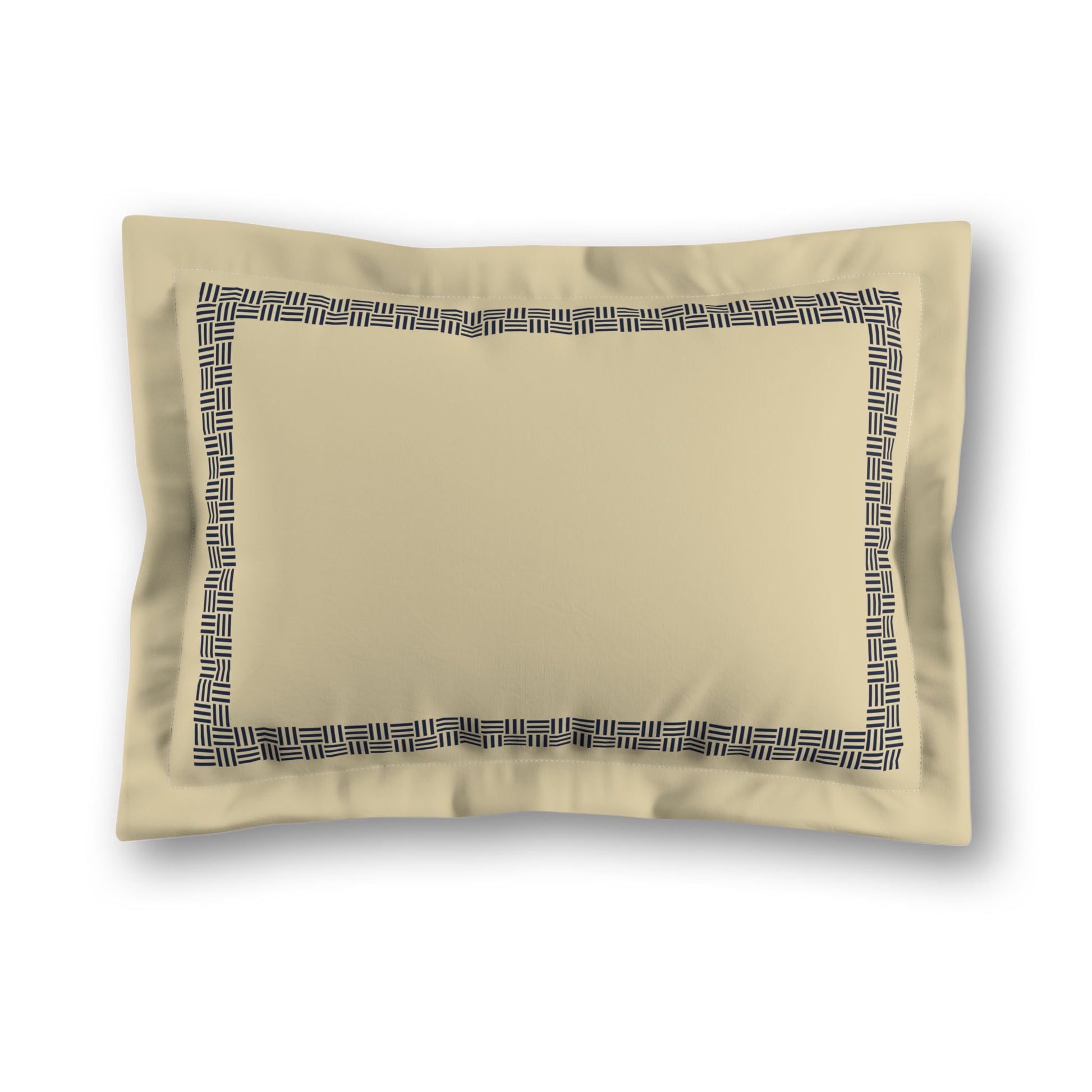 Desert Sand Microfibre Pillow Sham with Flange, Navy Blue Double Weave Motif Print, Classic Border, Tan Reverse Side, King (width x length) 22 x 38 inches / 56 x 97 cm