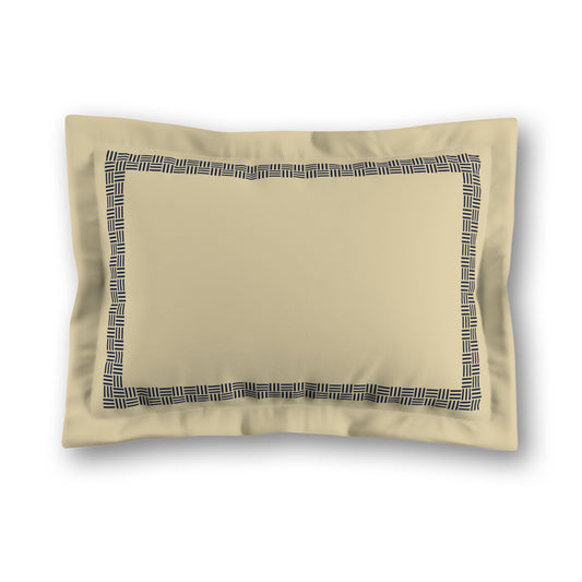 Desert Sand Microfibre Pillow Sham with Flange, Navy Blue Double Weave Motif Print, Classic Border, Tan Reverse Side, King (width x length) 22 x 38 inches / 56 x 97 cm