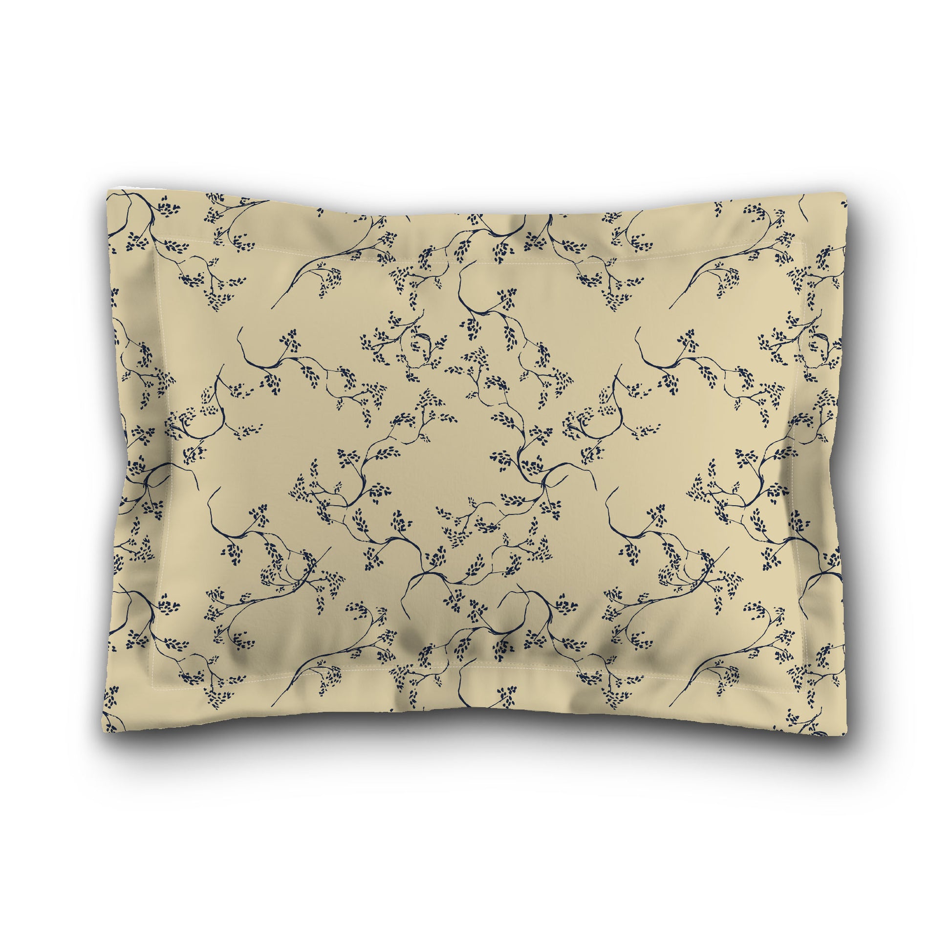 Desert Sand Microfibre Pillow Sham with Flange, Navy Blue Hand-painted Vine Print, Tan Reverse Side, King (width x length) 22 x 38 inches / 56 x 97 cm