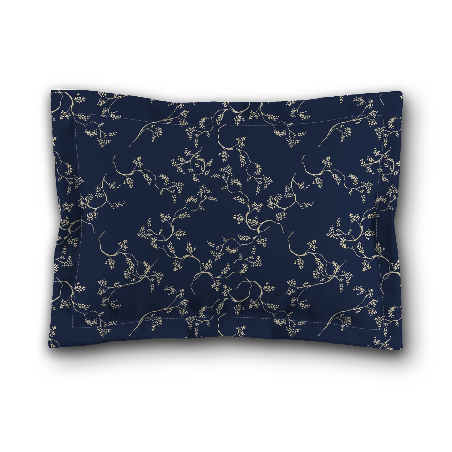 Navy Blue Microfiber Pillow Sham with Flange, Desert Sand Hand-painted Vine Print, Tan Reverse Side, King (width x length) 22 x 38 inches / 56 x 97 cm