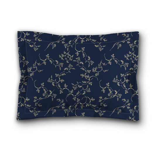 Navy Blue Microfiber Pillow Sham with Flange, Desert Sand Hand-painted Vine Print, Tan Reverse Side, King (width x length) 22 x 38 inches / 56 x 97 cm