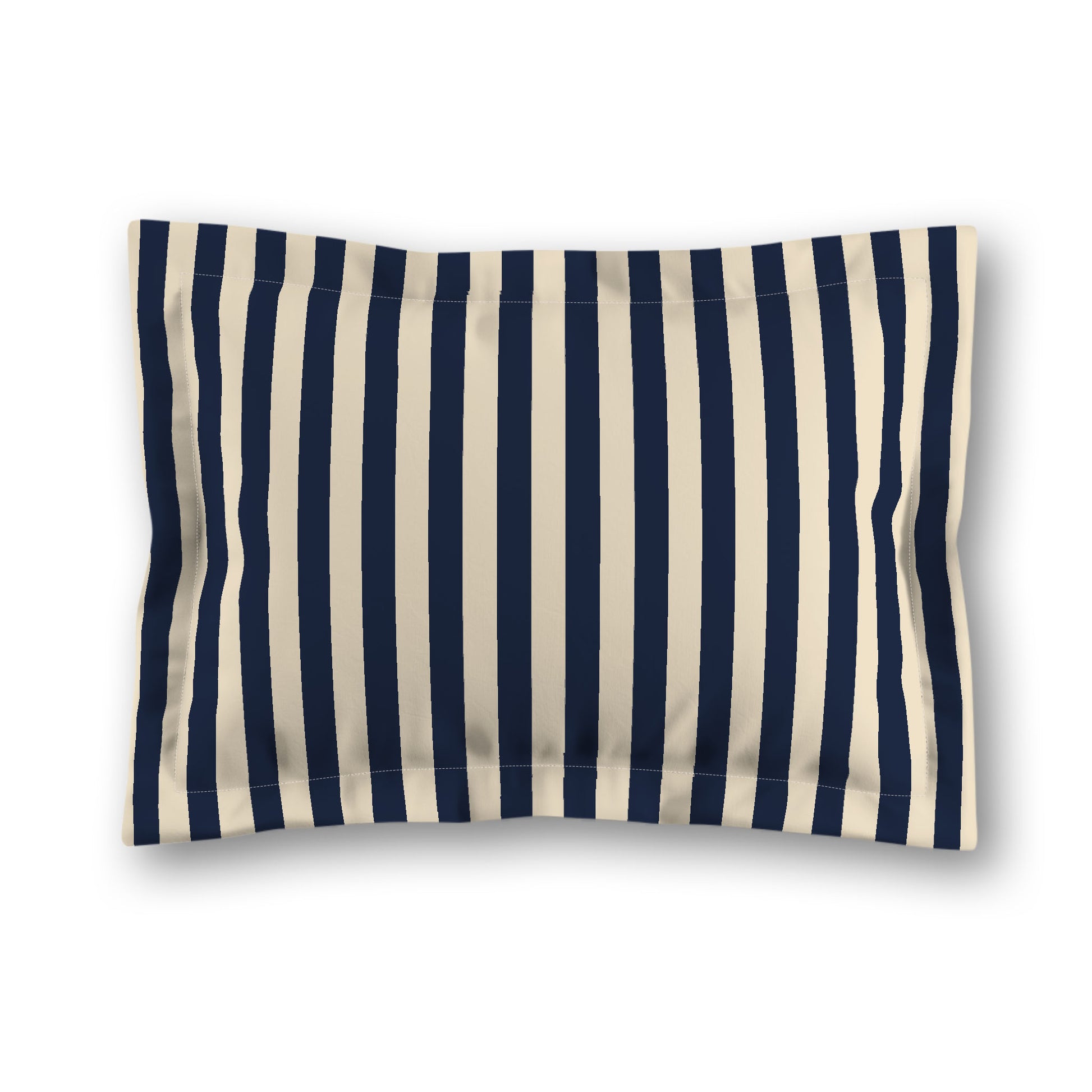 Beige Microfiber Sham with Flange, Navy Blue Bars on Front, White Reverse Side, King (width x length) 22 x 38 inches / 56 x 97 cm