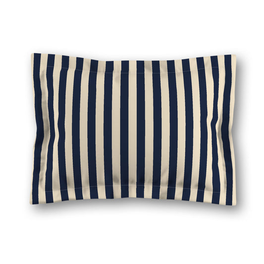 Beige Microfiber Sham with Flange, Navy Blue Bars on Front, White Reverse Side, King (width x length) 22 x 38 inches / 56 x 97 cm