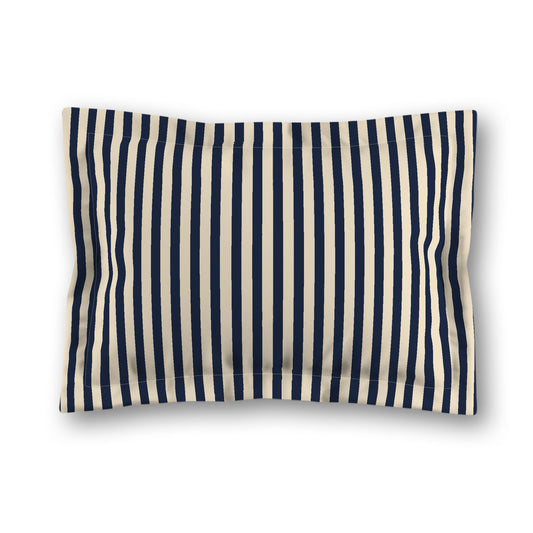 Beige Microfiber Sham with Flange, Thin Navy Blue Bars on Front, White Reverse Side, King (width x length) 22 x 38 inches / 56 x 97 cm
