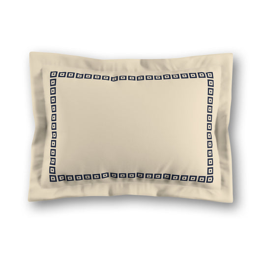 Beige Microfiber Pillow Sham with Flange, Navy Blue Repeating Square Motif Print, Classic Border, White Reverse Side, King (width x length) 22 x 38 inches / 56 x 97 cm