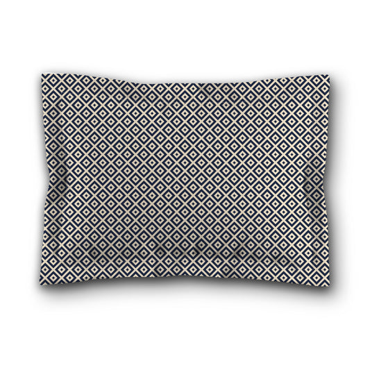 Beige Microfiber Pillow Sham with Flange, Navy Blue Repeating Square Motif Print, White Reverse Side, King (width x length) 22 x 38 inches / 56 x 97 cm