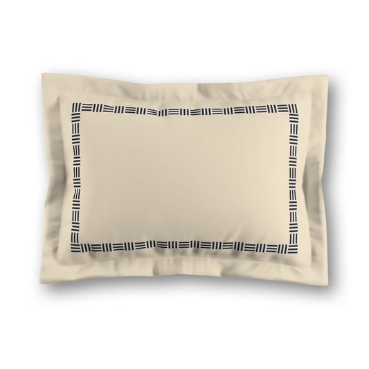 Beige Microfiber Pillow Sham with Flange, Navy Blue Single Weave Motif Print, Classic Border, White Reverse Side, King (width x length) 22 x 38 inches / 56 x 97 cm