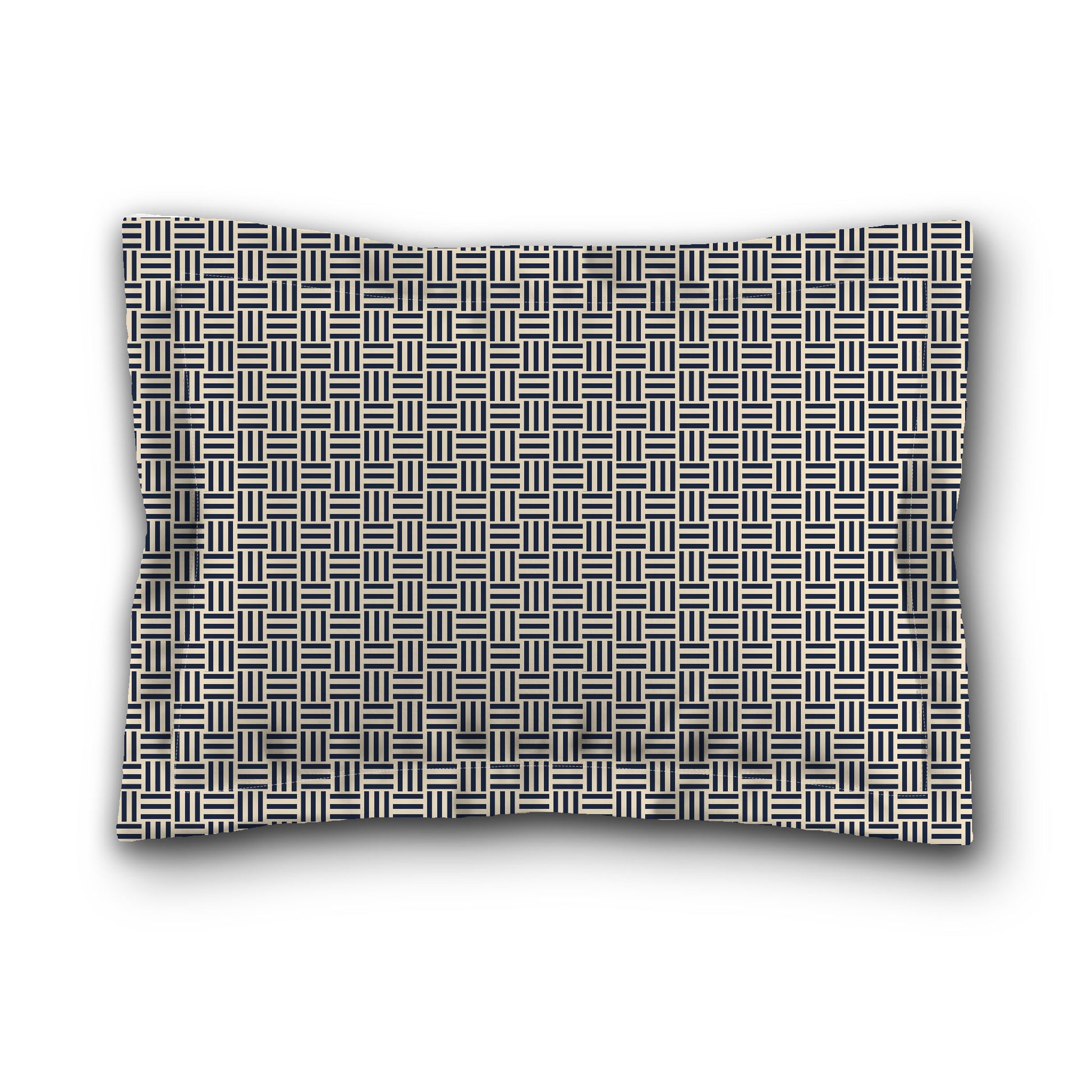 Beige Microfiber Pillow Sham with Flange, Navy Blue Single Weave Motif Print, White Reverse Side, King (width x length) 22 x 38 inches / 56 x 97 cm