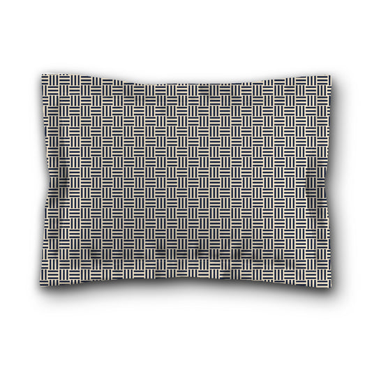 Beige Microfiber Pillow Sham with Flange, Navy Blue Single Weave Motif Print, White Reverse Side, King (width x length) 22 x 38 inches / 56 x 97 cm