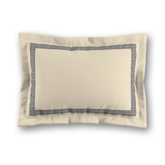 Beige Microfiber Pillow Sham with Flange, Navy Blue Double Weave Motif Print, Classic Border, White Reverse Side, King (width x length) 22 x 38 inches / 56 x 97 cm