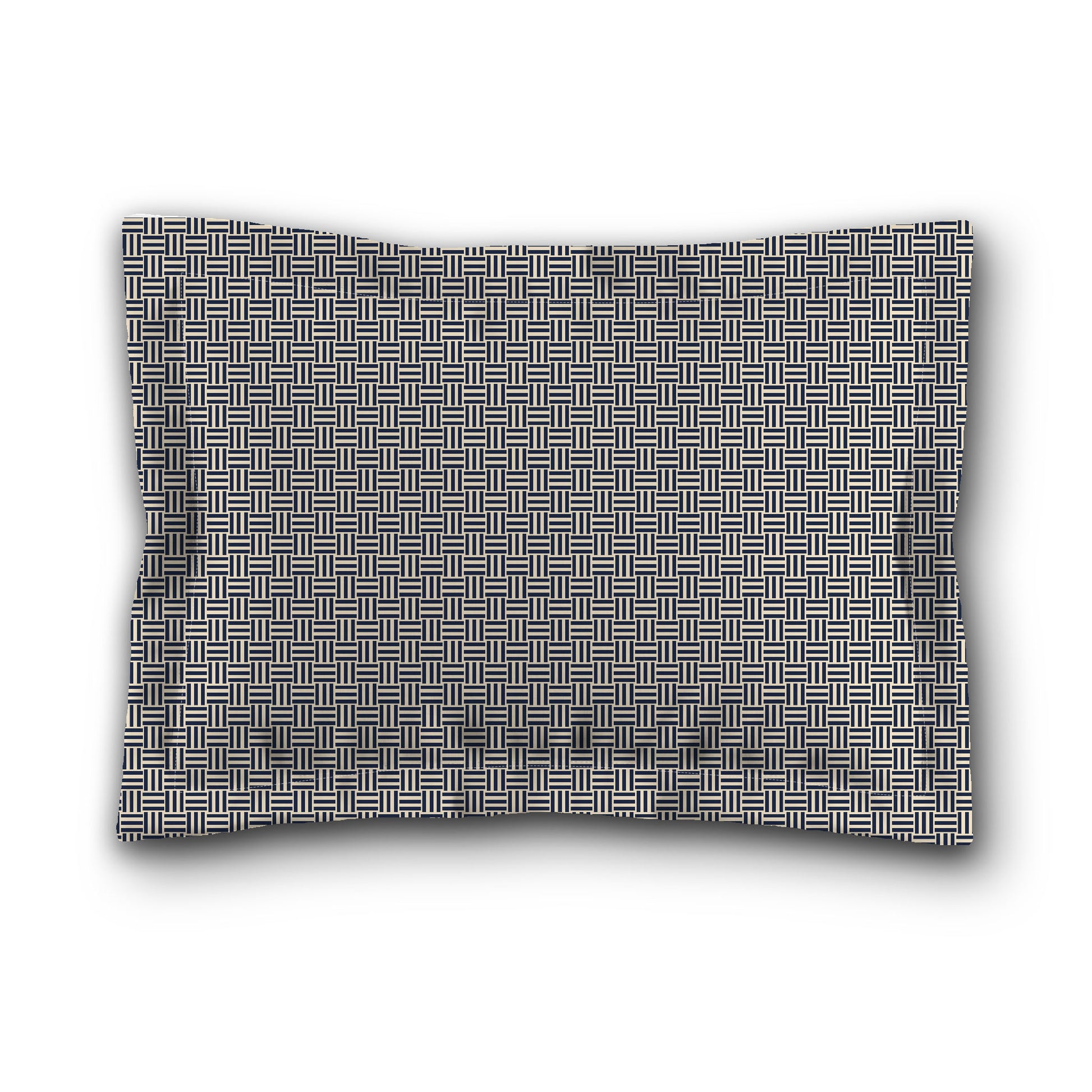 Beige Microfiber Pillow Sham with Flange, Navy Blue Double Weave Motif Print, White Reverse Side, King (width x length) 22 x 38 inches / 56 x 97 cm
