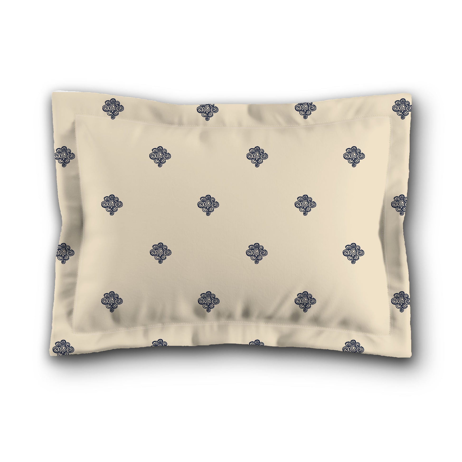Beige Microfiber Pillow Sham with Flange, Navy Blue Hand-painted Swizzle Motif Print, White Reverse Side, King (width x length) 22 x 38 inches / 56 x 97 cm