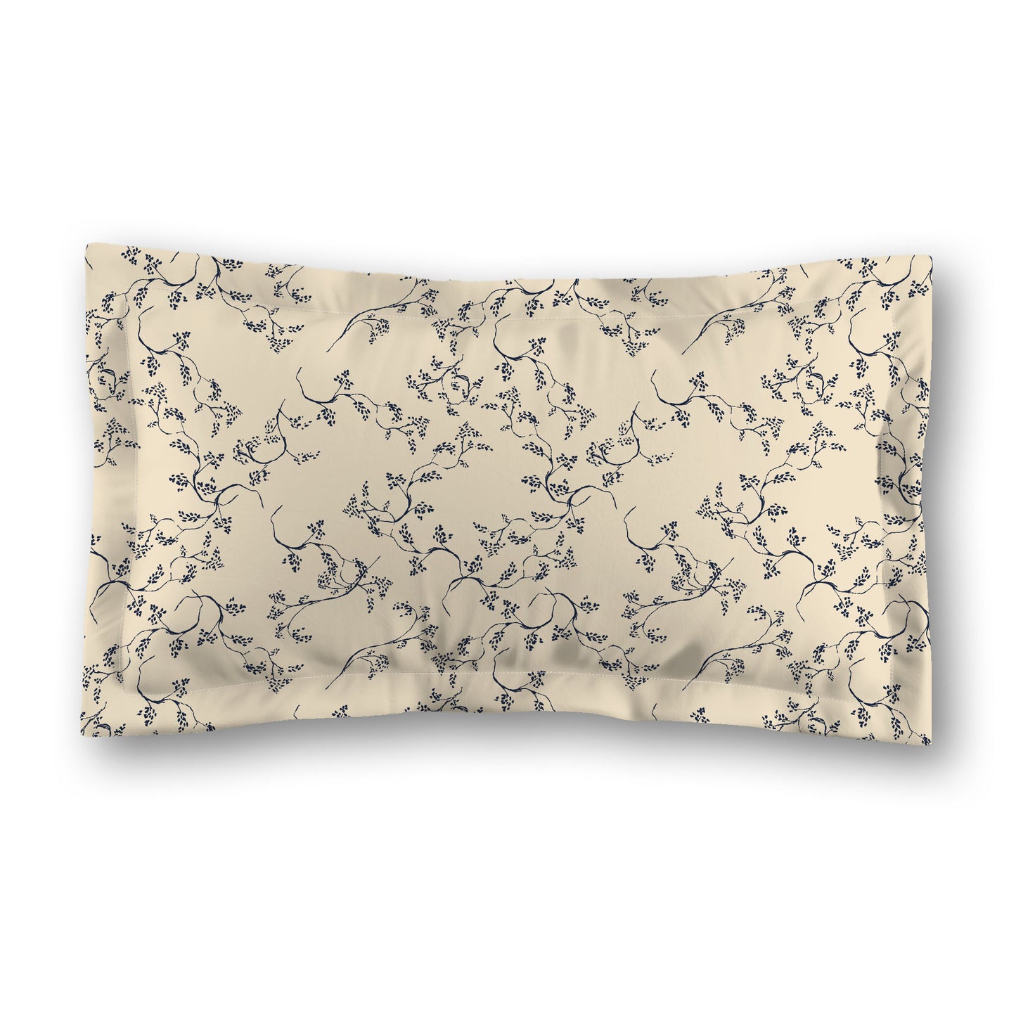 Beige Microfiber Pillow Sham with Flange, Navy Blue Hand-painted Vine Print, White Reverse Side, Standard (width x length) 22 x 30 inches / 56 x 76 cm