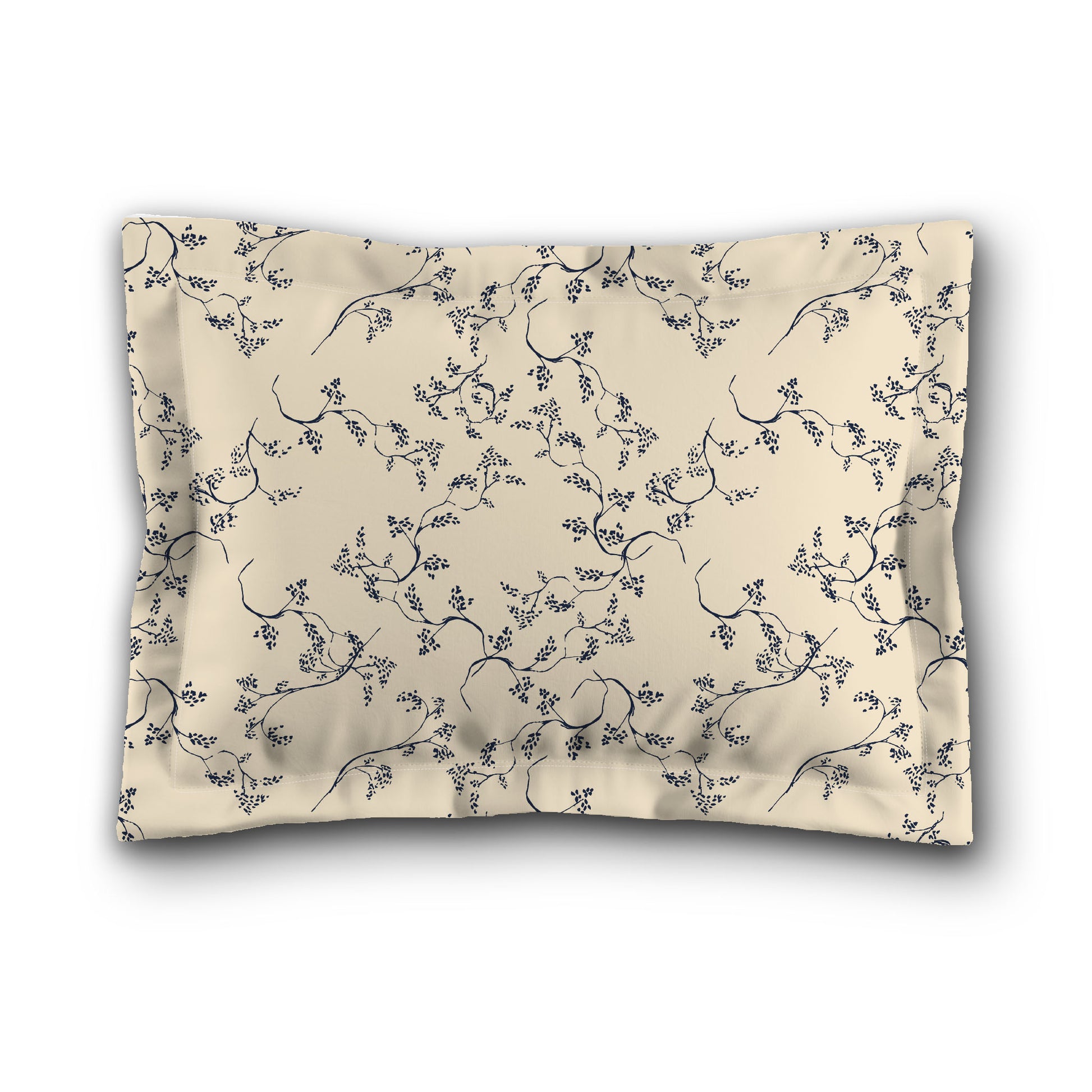 Beige Microfiber Pillow Sham with Flange, Navy Blue Hand-painted Vine Print, White Reverse Side, King (width x length) 22 x 38 inches / 56 x 97 cm