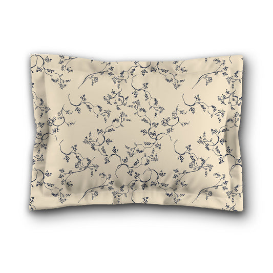 Beige Microfiber Pillow Sham with Flange, Navy Blue Hand-painted Vine Print, White Reverse Side, King (width x length) 22 x 38 inches / 56 x 97 cm