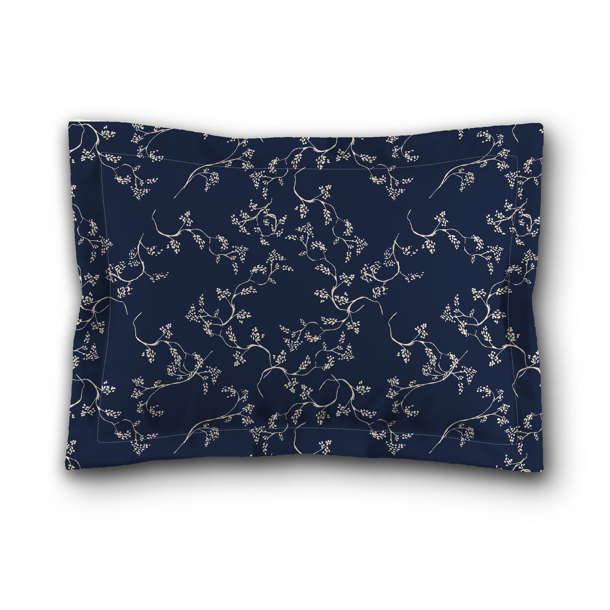 Navy Blue Microfiber Pillow Sham with Flange, Beige Hand-painted Vine Print, White Reverse Side, King (width x length) 22 x 38 inches / 56 x 97 cm