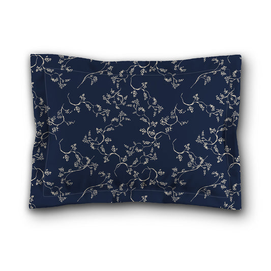 Navy Blue Microfiber Pillow Sham with Flange, Beige Hand-painted Vine Print, White Reverse Side, King (width x length) 22 x 38 inches / 56 x 97 cm