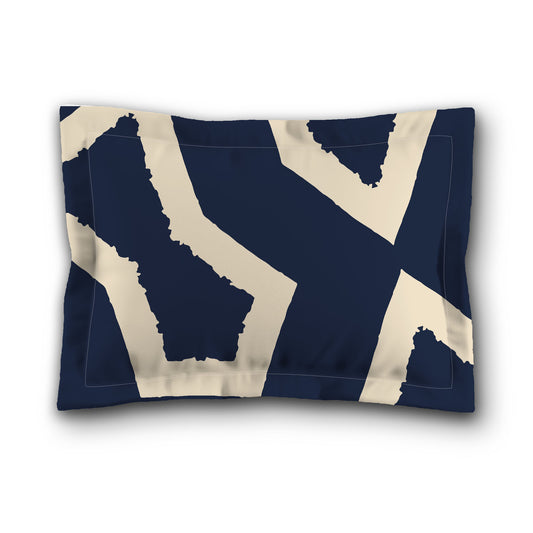 Navy Blue Microfiber Pillow Sham with Flange, Bold Beige Graphic on Front, White Reverse Side, King (width x length) 22 x 38 inches / 56 x 97 cm