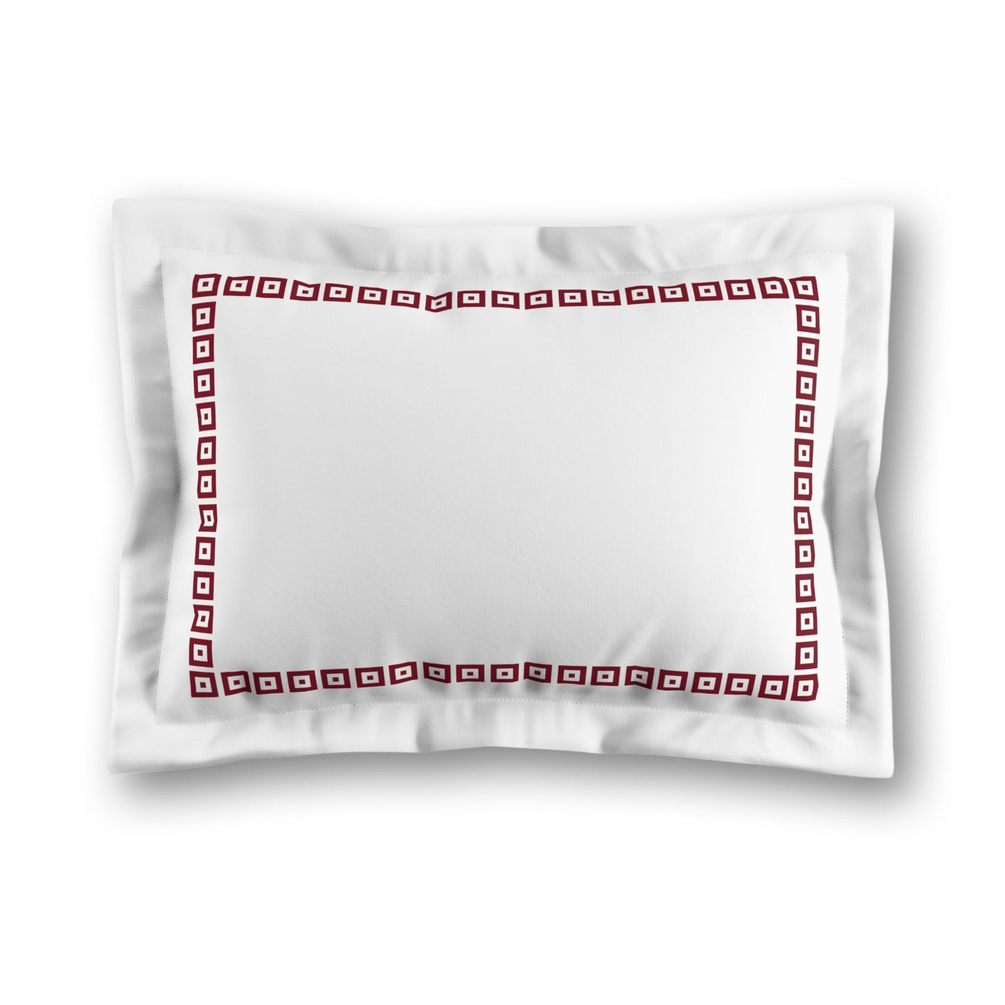 White Microfiber Pillow Sham with Flange, Burgundy Red Repeating Square Motif Print, Classic Border, White Reverse Side | MFSF-1281-121