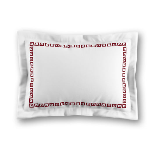 White Microfiber Pillow Sham with Flange, Burgundy Red Repeating Square Motif Print, Classic Border, White Reverse Side | MFSF-1281-121