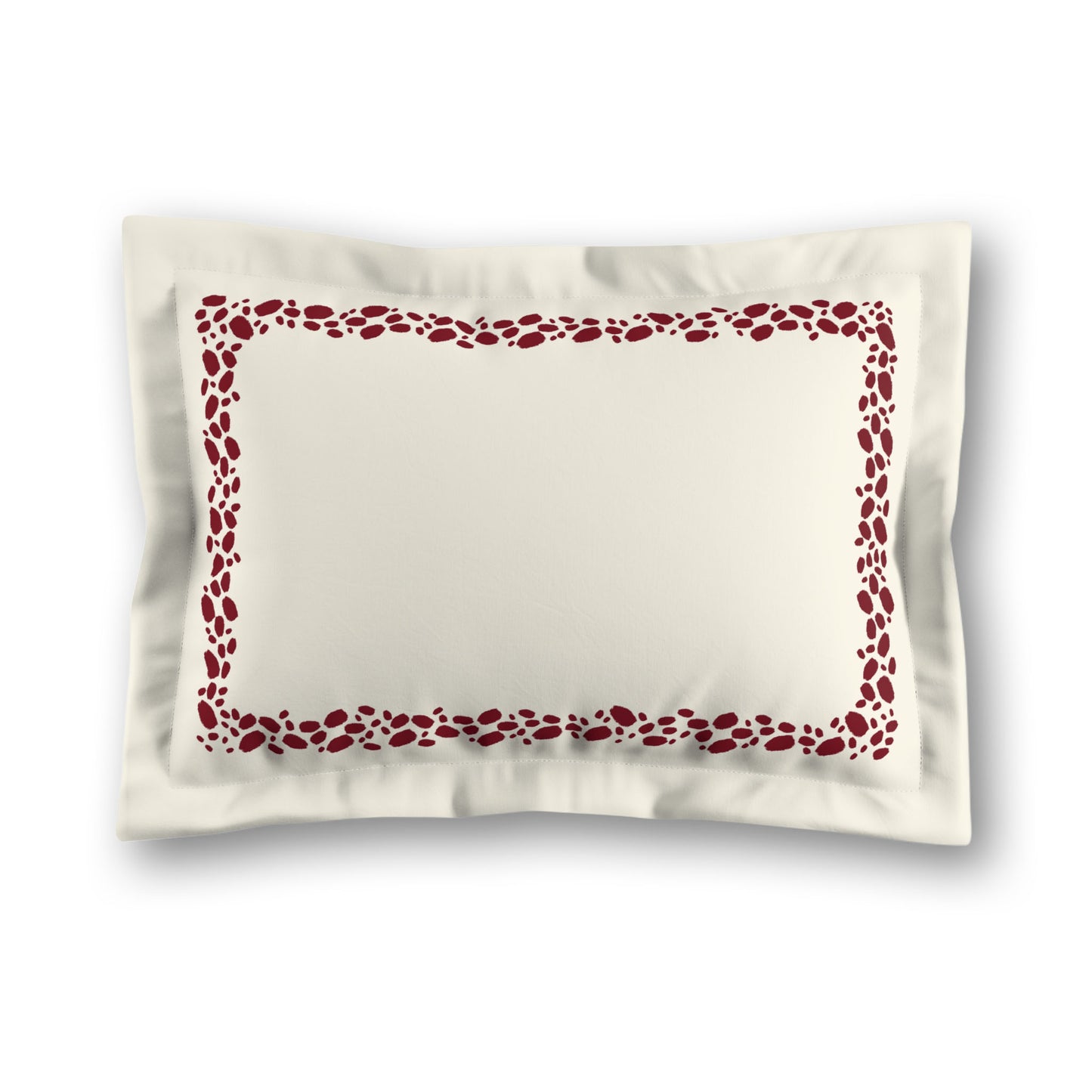 Pale Cream Microfibre Pillow Sham with Flange, Burgundy Red Hand-painted Dab Motif Print, Classic Border, White Reverse Side, King (width x length) 22 x 38 inches / 56 x 97 cm