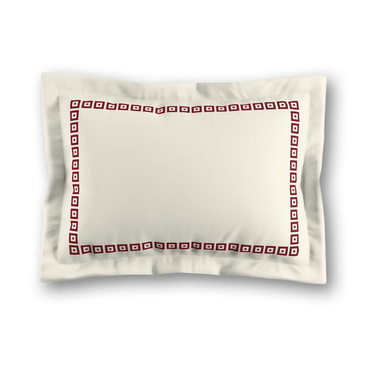 Pale Cream Microfibre Pillow Sham with Flange, Burgundy Red Repeating Square Motif Print, Classic Border, White Reverse Side, King (width x length) 22 x 38 inches / 56 x 97 cm
