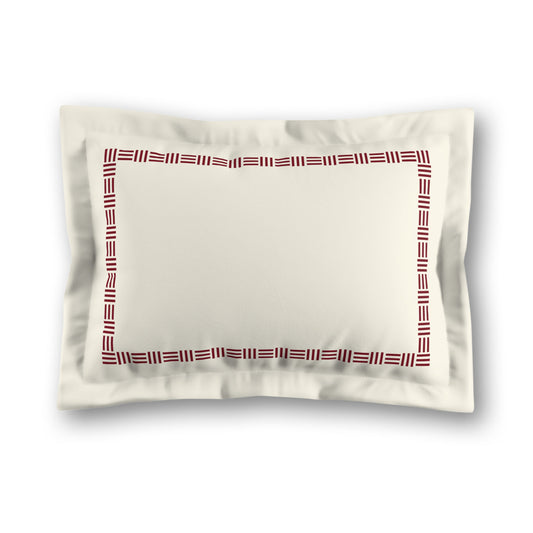 Pale Cream Microfibre Pillow Sham with Flange, Burgundy Red Single Weave Motif Print, Classic Border, White Reverse Side, King (width x length) 22 x 38 inches / 56 x 97 cm