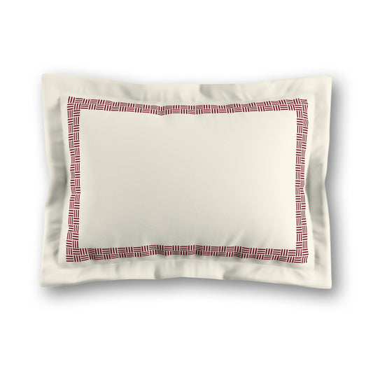 Pale Cream Microfibre Pillow Sham with Flange, Burgundy Red Double Weave Motif Print, Classic Border, White Reverse Side, King (width x length) 22 x 38 inches / 56 x 97 cm
