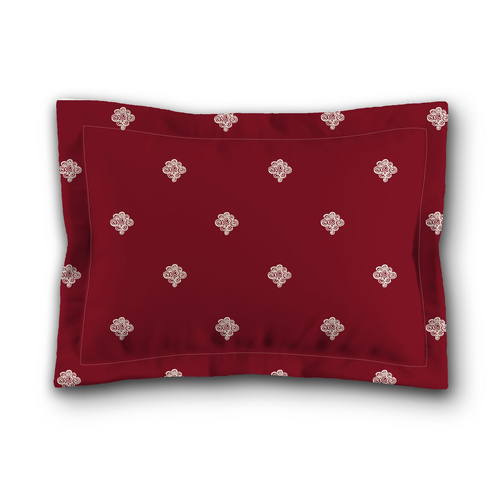 Burgundy Red Microfiber Pillow Sham with Flange, Pale Cream Hand-painted Swizzle Motif Print, White Reverse Side, King (width x length) 22 x 38 inches / 56 x 97 cm