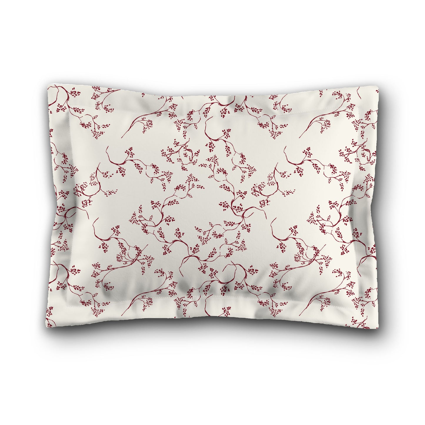 Pale Cream Microfibre Pillow Sham with Flange, Burgundy Red Hand-painted Vine Print, White Reverse Side, King (width x length) 22 x 38 inches / 56 x 97 cm
