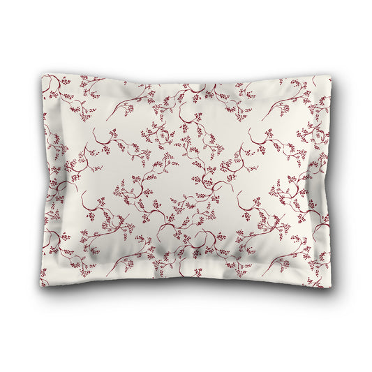 Pale Cream Microfibre Pillow Sham with Flange, Burgundy Red Hand-painted Vine Print, White Reverse Side, King (width x length) 22 x 38 inches / 56 x 97 cm