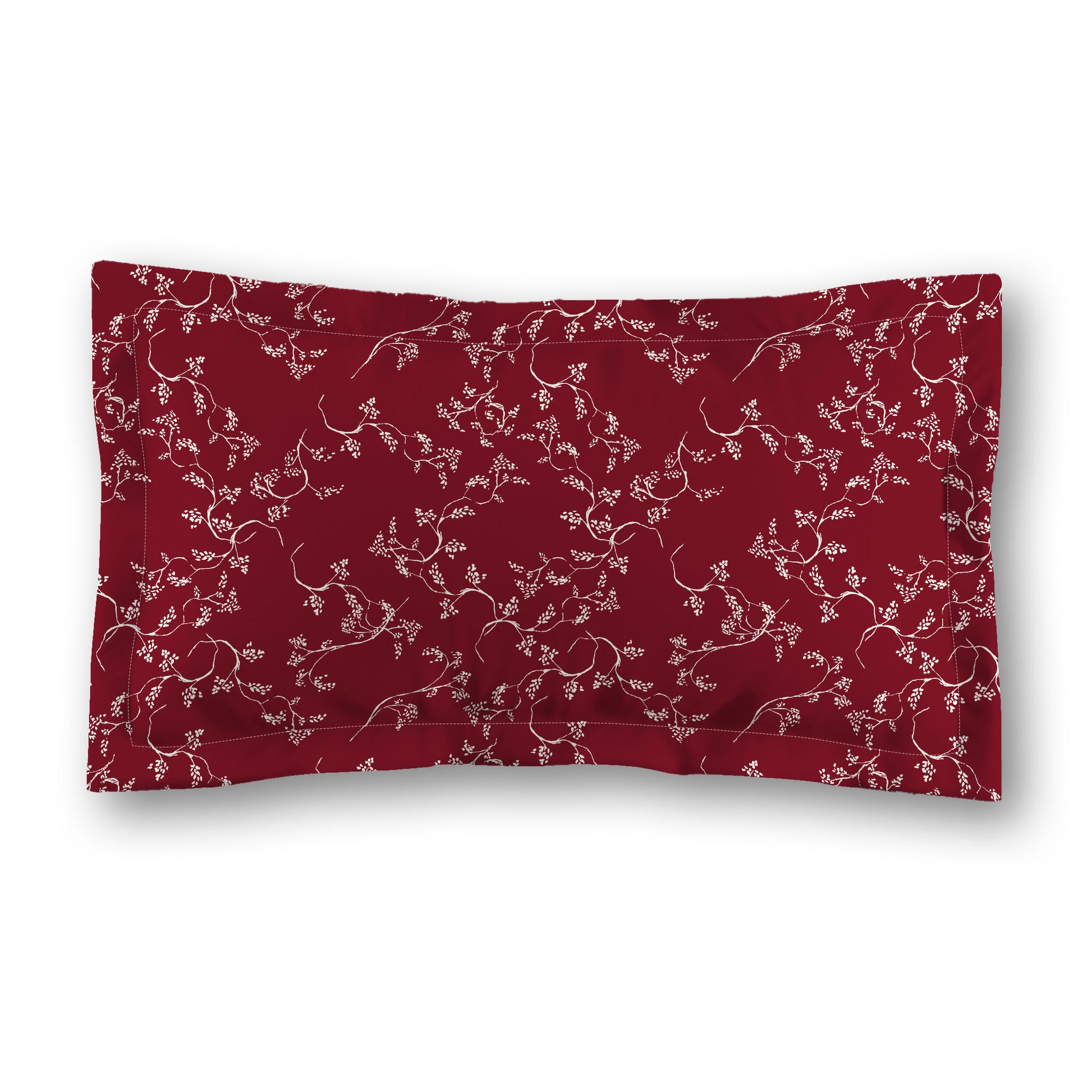 Burgundy Red Microfiber Pillow Sham with Flange, Pale Cream Hand-painted Vine Print, White Reverse Side, Standard (width x length) 22 x 30 inches / 56 x 76 cm