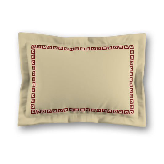 Desert Sand Microfibre Pillow Sham with Flange, Burgundy Red Repeating Square Motif Print, Classic Border, Tan Reverse Side, King (width x length) 22 x 38 inches / 56 x 97 cm