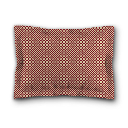 Desert Sand Microfibre Pillow Sham with Flange, Burgundy Red Repeating Square Motif Print, Tan Reverse Side, King (width x length) 22 x 38 inches / 56 x 97 cm