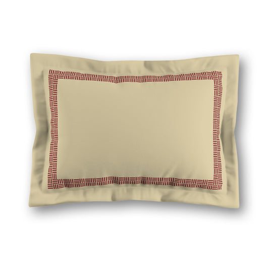 Desert Sand Microfibre Pillow Sham with Flange, Burgundy Red Double Weave Motif Print, Classic Border, Tan Reverse Side, King (width x length) 22 x 38 inches / 56 x 97 cm