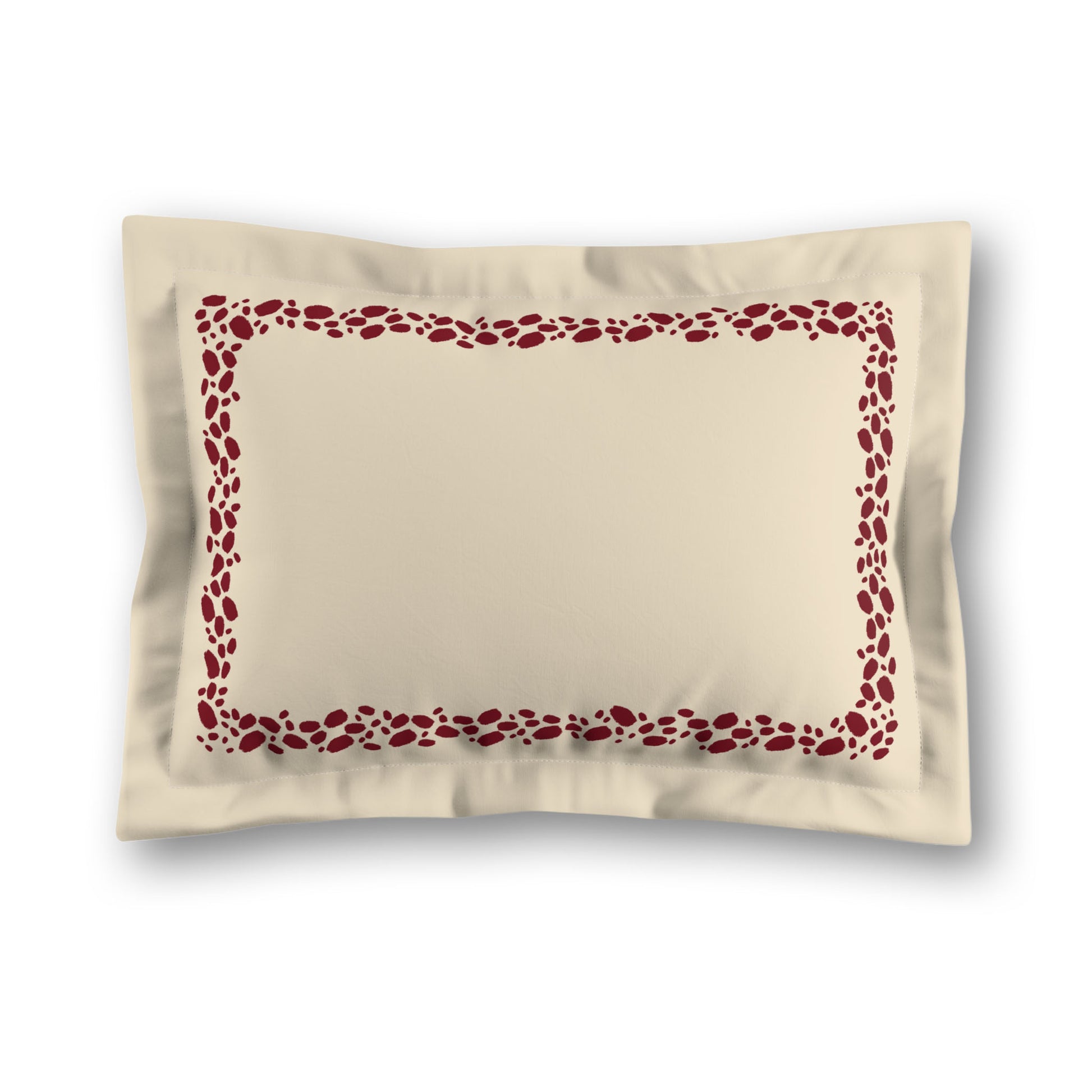Beige Microfibre Pillow Sham with Flange, Burgundy Red Hand-painted Dab Motif Print, Classic Border, White Reverse Side, King (width x length) 22 x 38 inches / 56 x 97 cm