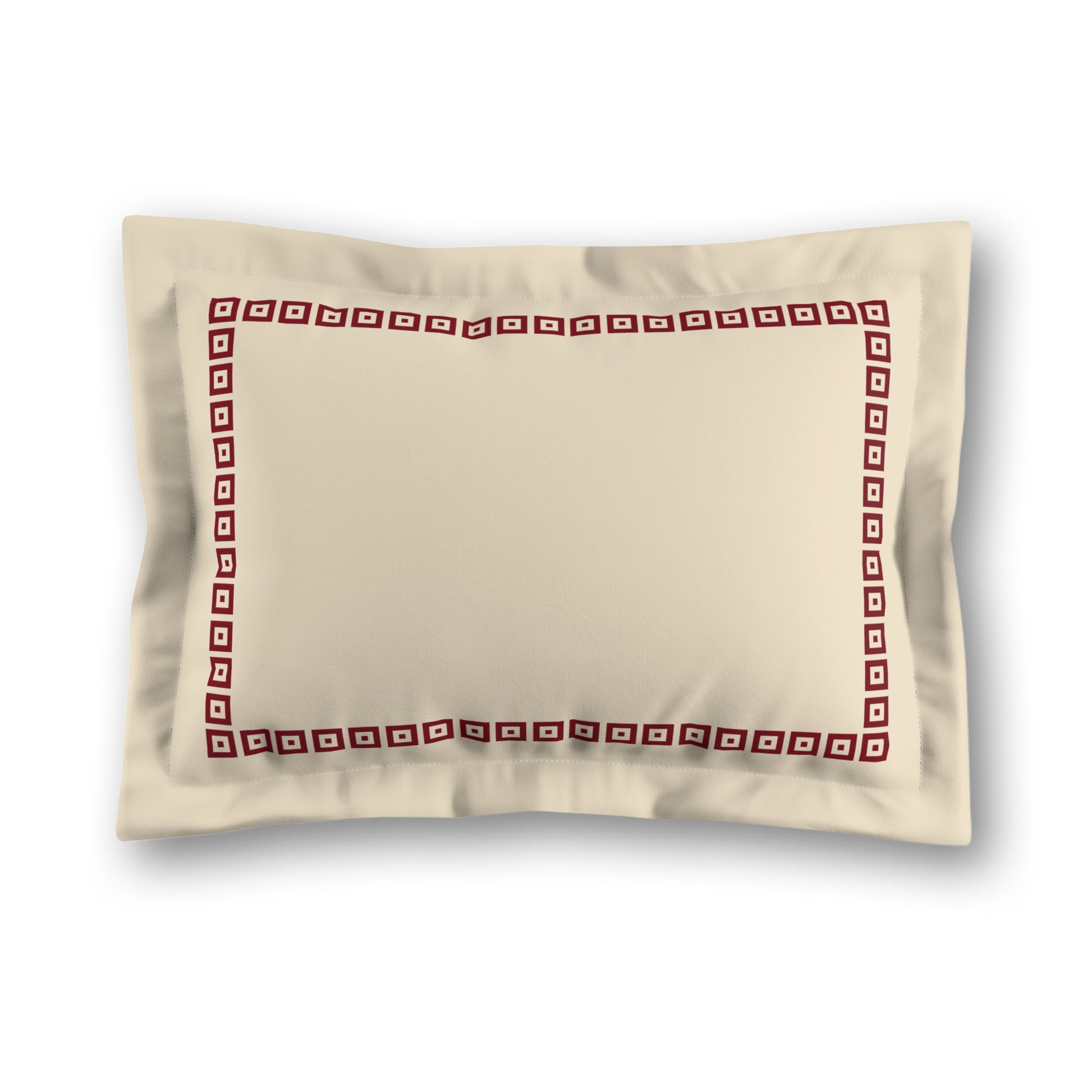 Beige Microfibre Pillow Sham with Flange, Burgundy Red Repeating Square Motif Print, Classic Border, White Reverse Side, King (width x length) 22 x 38 inches / 56 x 97 cm