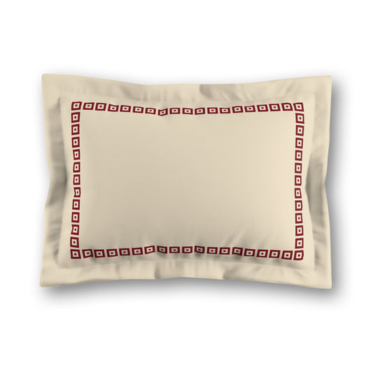 Beige Microfibre Pillow Sham with Flange, Burgundy Red Repeating Square Motif Print, Classic Border, White Reverse Side, King (width x length) 22 x 38 inches / 56 x 97 cm