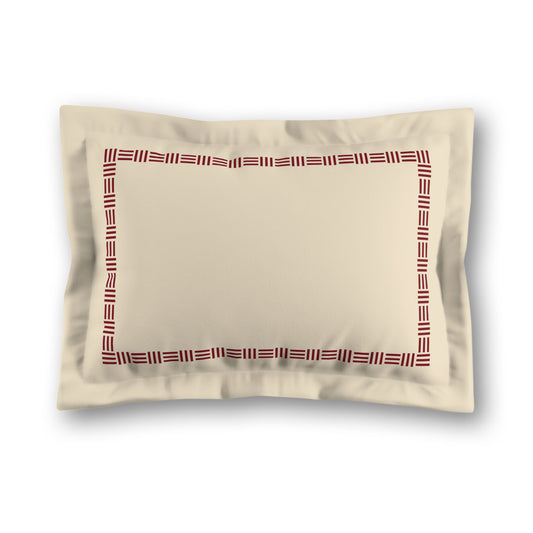 Beige Microfibre Pillow Sham with Flange, Burgundy Red Single Weave Motif Print, Classic Border, White Reverse Side, King (width x length) 22 x 38 inches / 56 x 97 cm