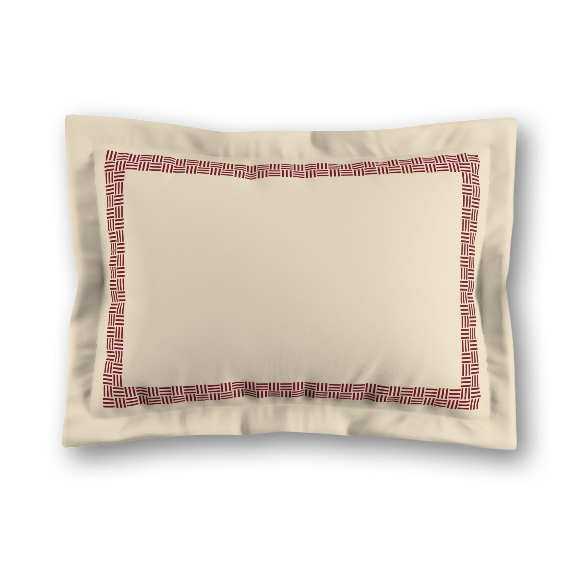 Beige Microfibre Pillow Sham with Flange, Burgundy Red Double Weave Motif Print, Classic Border, White Reverse Side, King (width x length) 22 x 38 inches / 56 x 97 cm